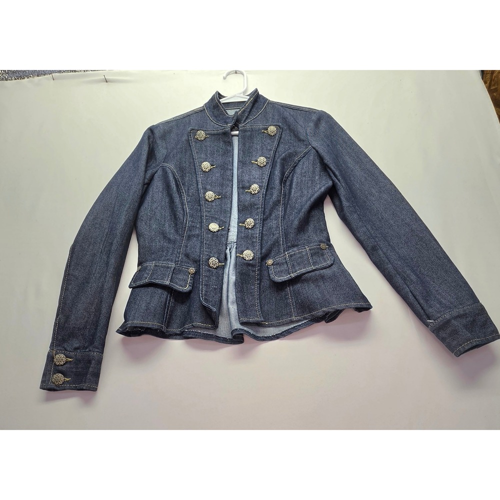 Boom Boom Jeans Womens Blue Denim Military Peplum Jacket Dark Wash Size M